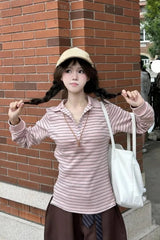 Pink Striped Polo Collar Shirt â€?Soft Preppy Everyday Essential