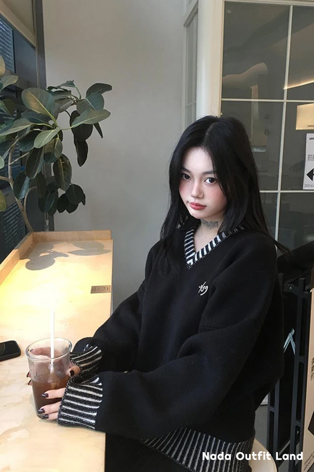 Long Sleeve Striped Style V-Neck Black Sweater