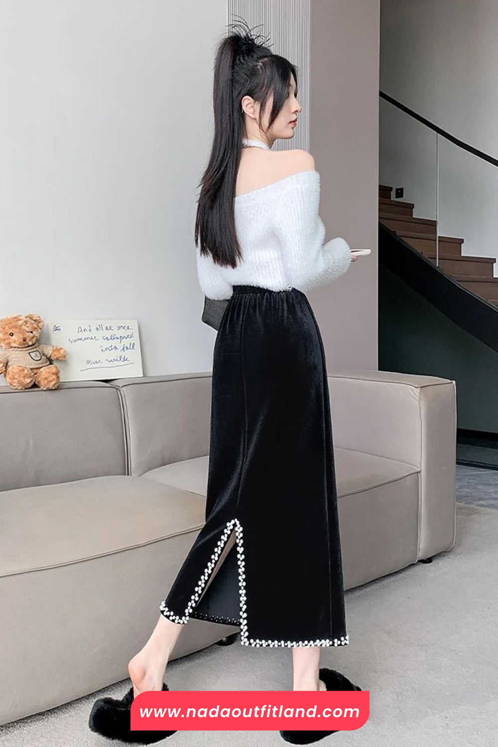 High Waist Sweet Pearl Velvet Slit Cut Skirts