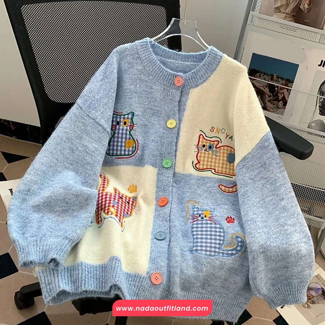 Long Sleeve Cat Embroidered Colorful Button Cardigan Sweater