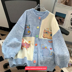 Long Sleeve Cat Embroidered Colorful Button Cardigan Sweater