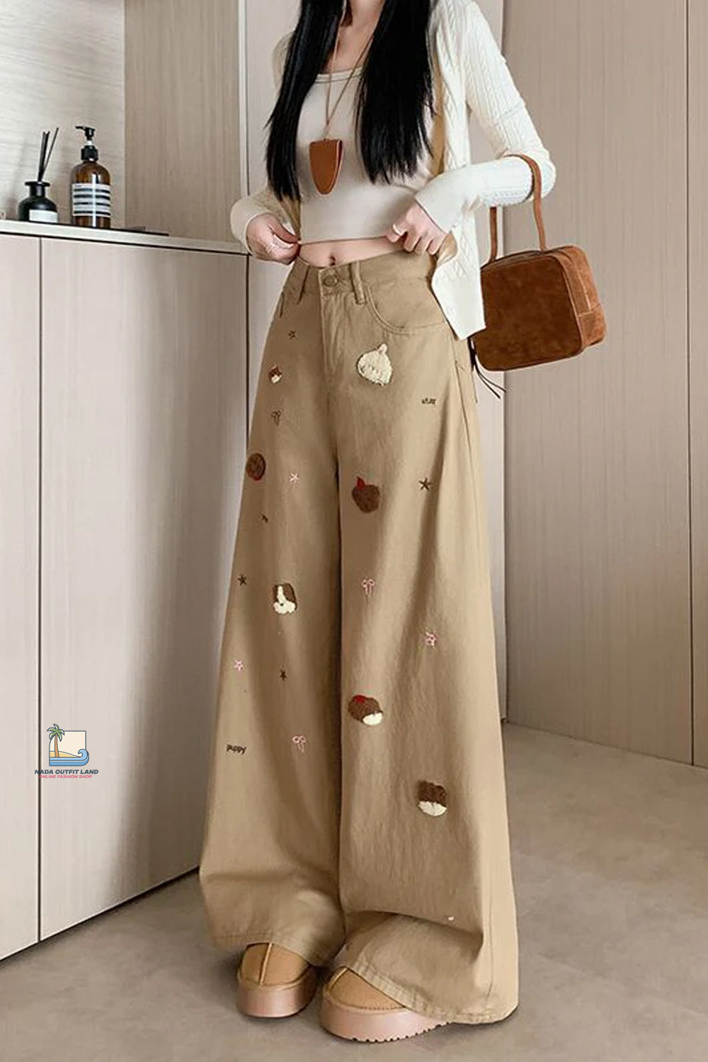 High Waist Loose Cute Dog Embroidered Khaki Jeans Pants
