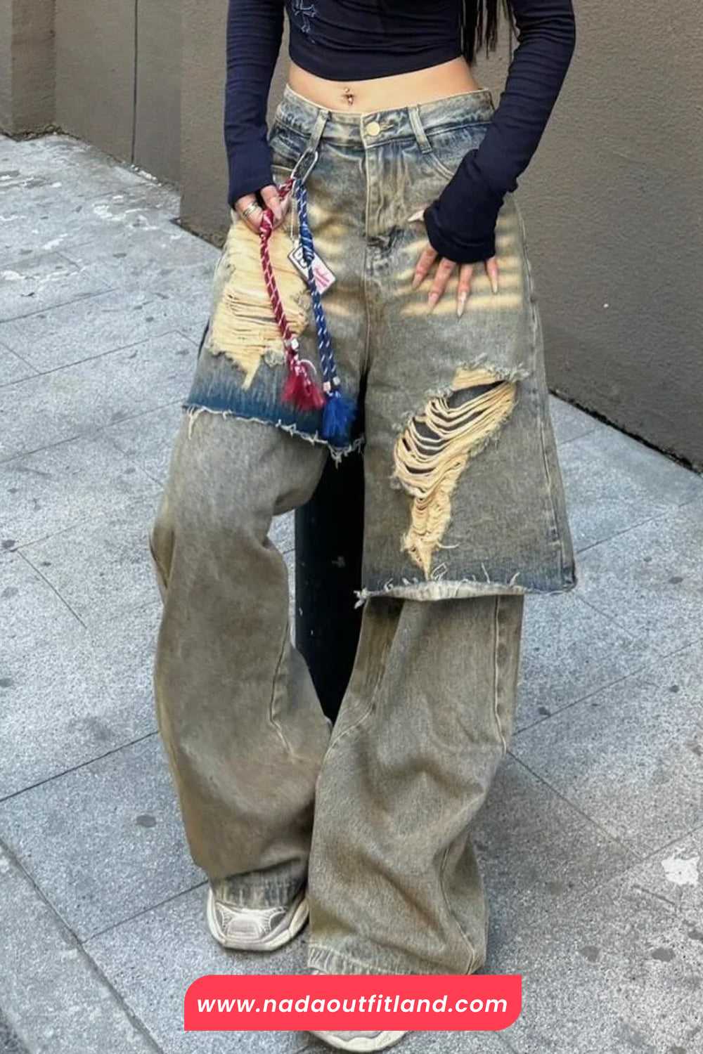 High Waist Stitching Hole Ripped Washed Jeans Pants