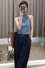 Sexy Floral Printed Halter Blue Crop Tops