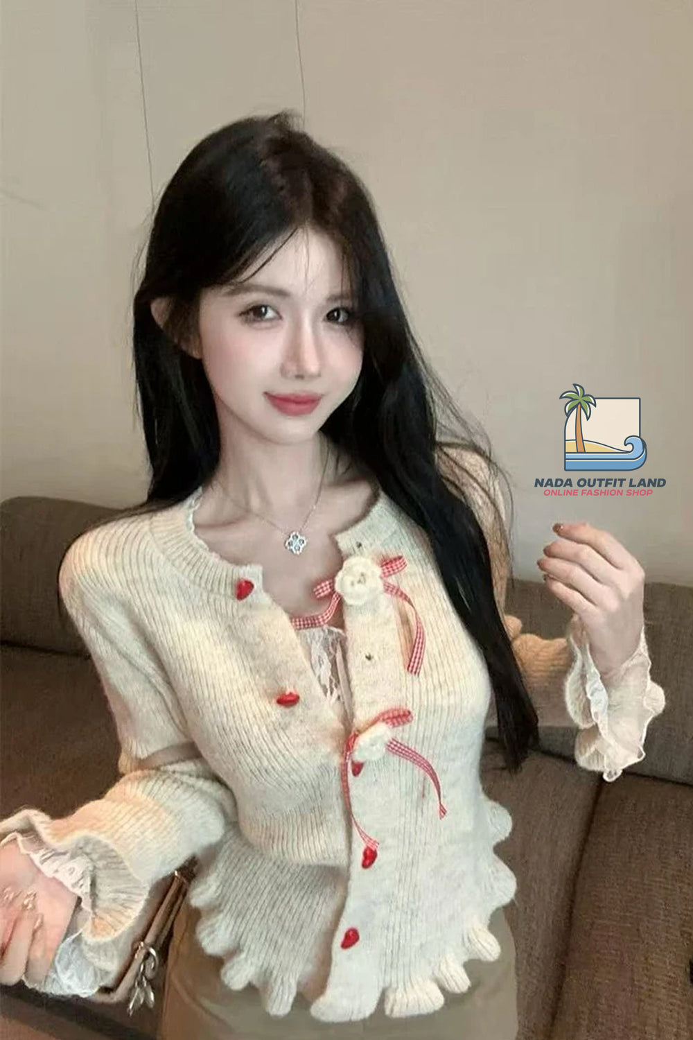 Long Sleeve Cute Bow Heart Button Cardigan Knitted Sweater