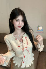 Long Sleeve Cute Bow Heart Button Cardigan Knitted Sweater