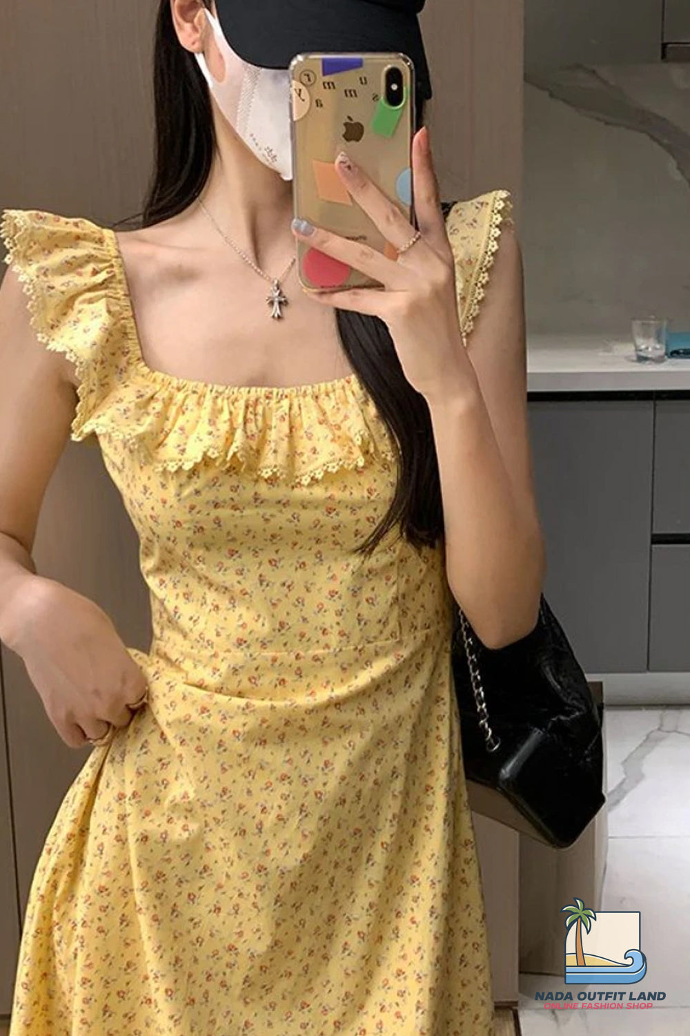 Square Collar Floral Pattern Ruffles Midi Dress