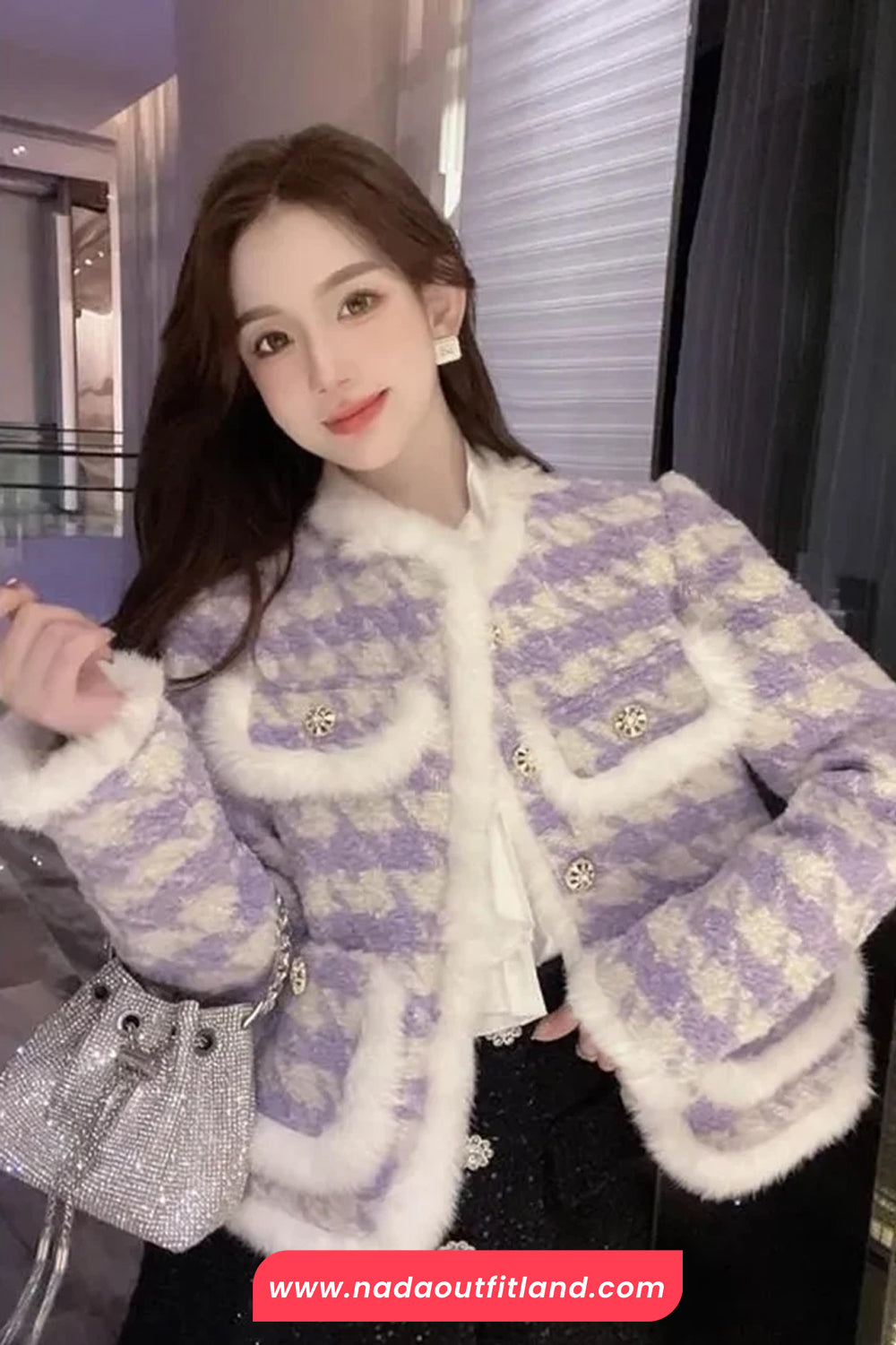 Long Sleeve Purple Plaid Elegant Office Jacket