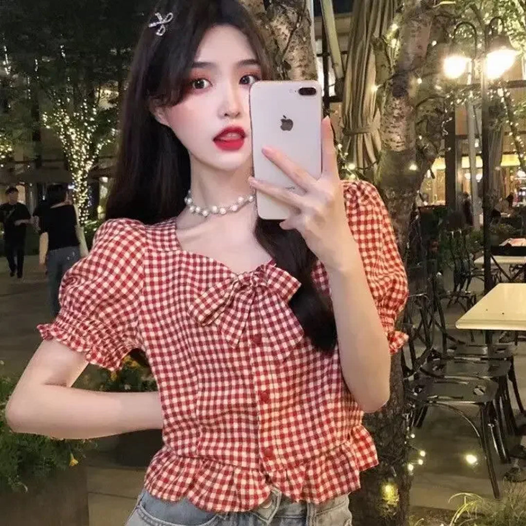 Short Sleeve Red Plaid Cute Bow Cropped Shirt