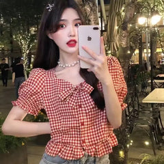 Short Sleeve Red Plaid Cute Bow Cropped Shirt