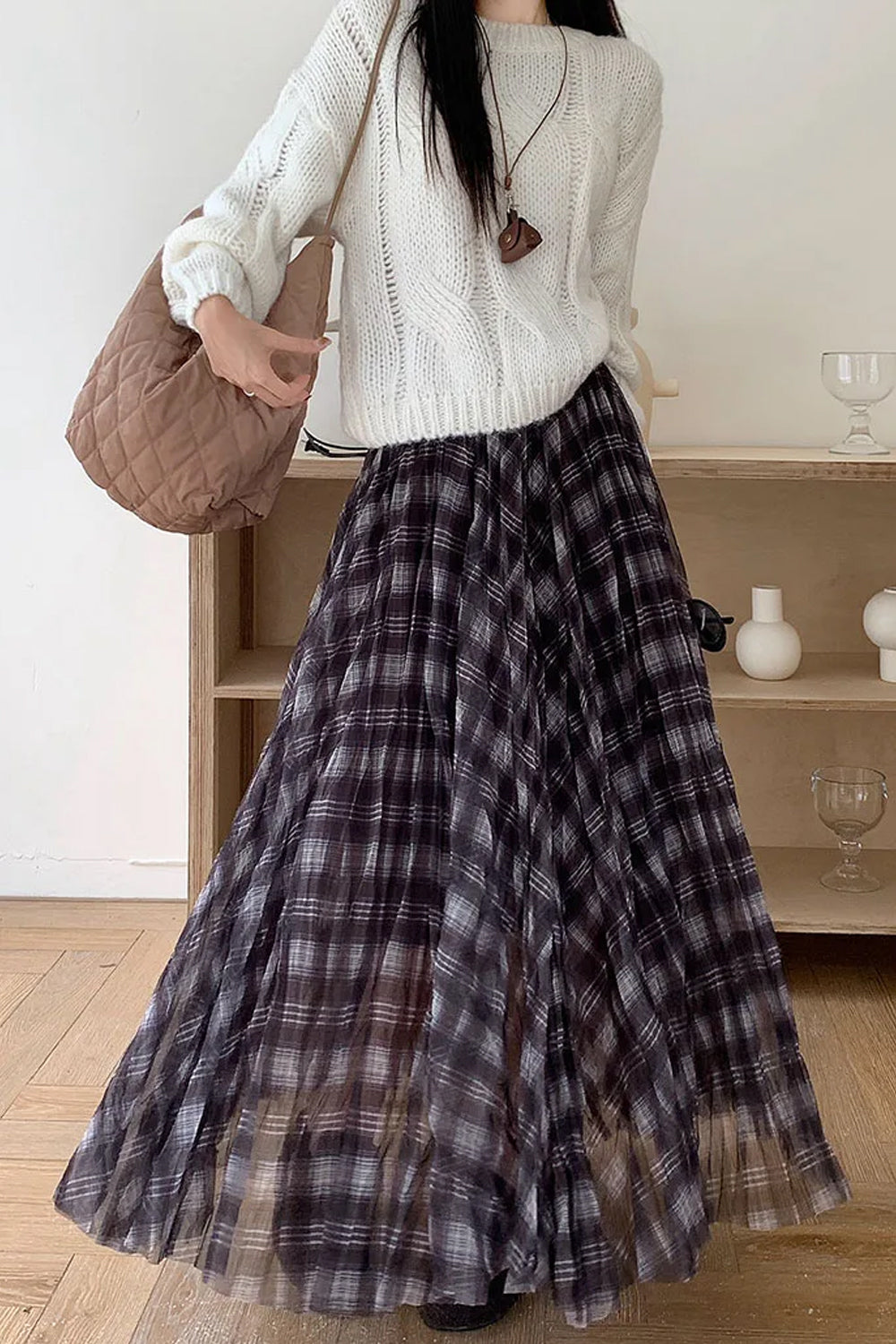 Vintage Plaid Pattern Mesh Patchwork A-Line Pleated Skirts