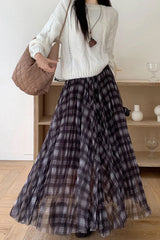 Vintage Plaid Pattern Mesh Patchwork A-Line Pleated Skirts