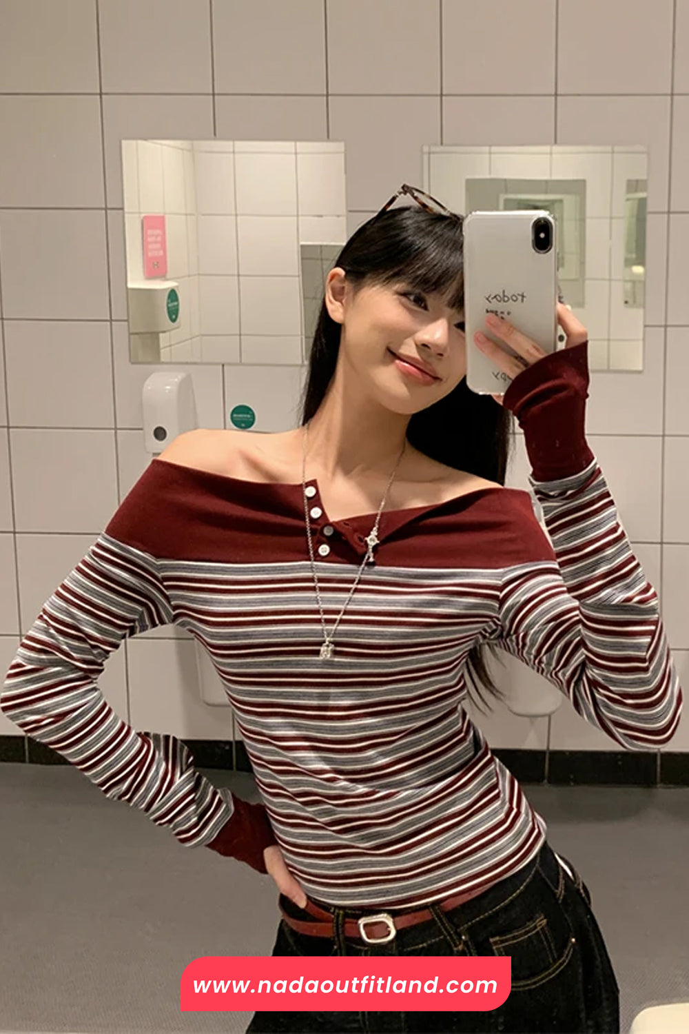 Long Sleeve Slash Neck Striped Cropped Slim Shirt