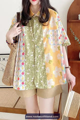 Short Sleeve Retro Floral Combination Pattern Blouse Shirt