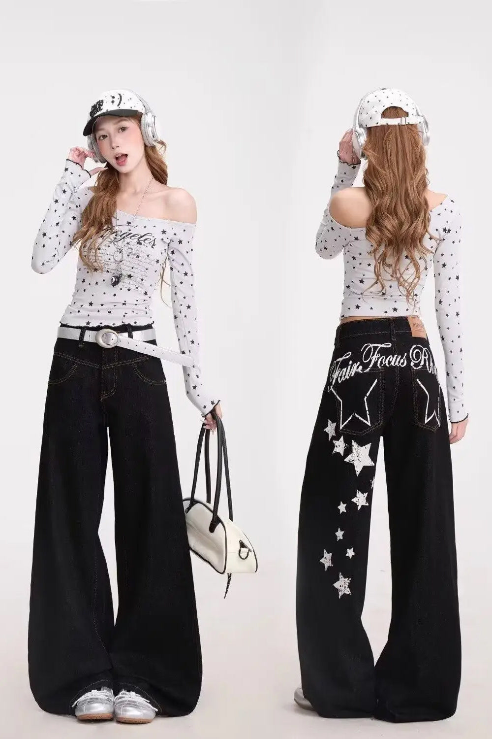 Loose Stars Pattern Back Printed Black Jeans Pants