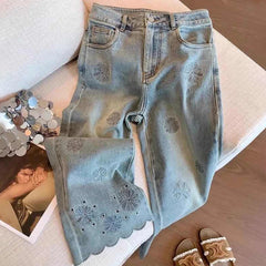 High Waist Lace Floral Embroidered Ankle Length Jeans Pants