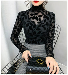 High Neck Leaf Pattern Velvet Mesh Shirt