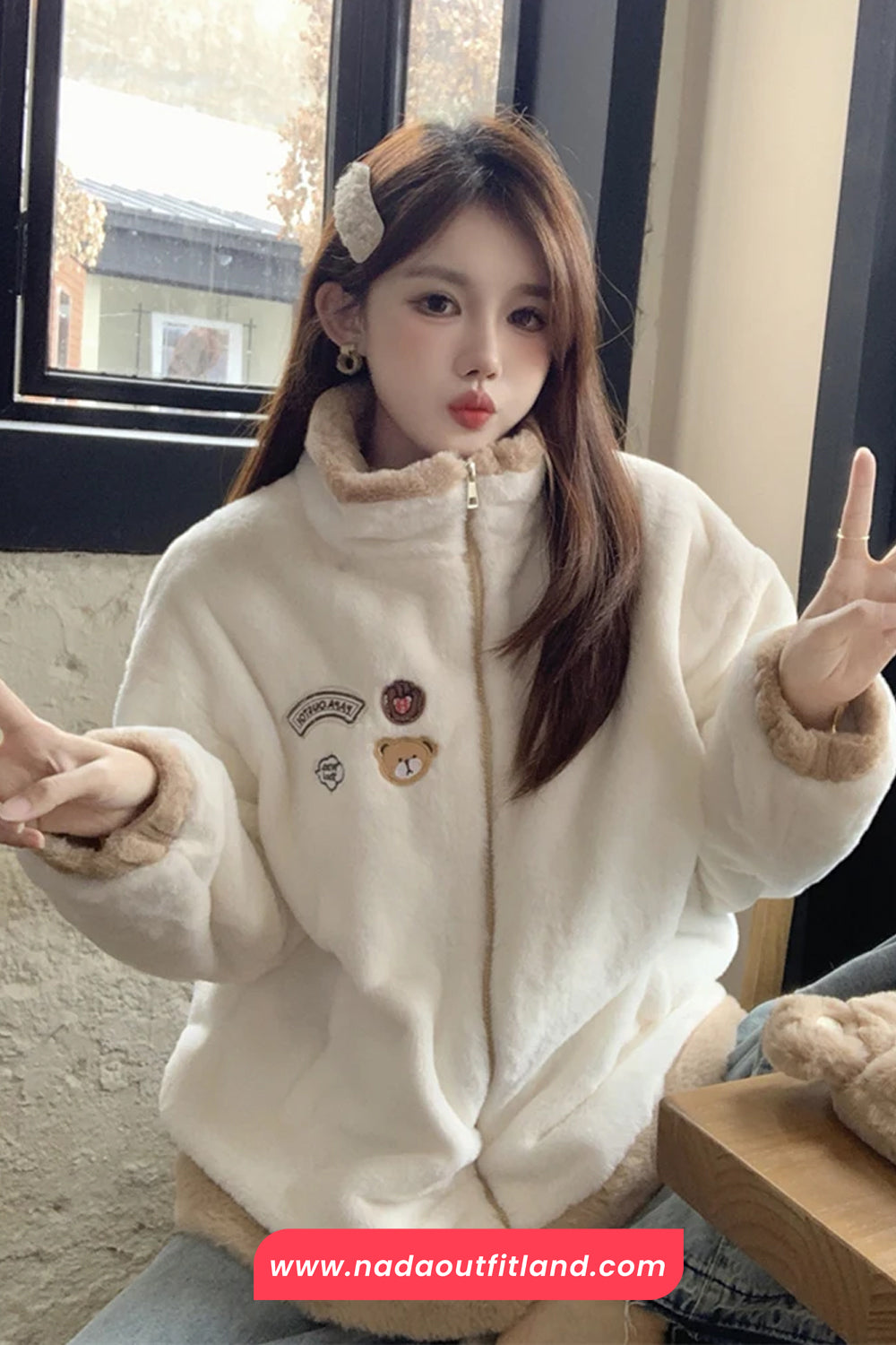 Loose Stand Neck Cute Bear Embroidered Zipper Jacket