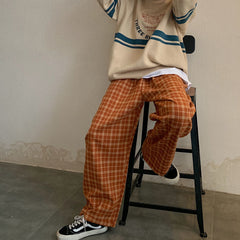 High Waist Plaid Colors Loose Pants