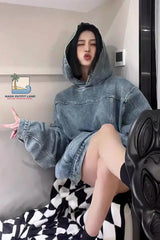 Loose Oversized Denim Hooded Sweatshirt