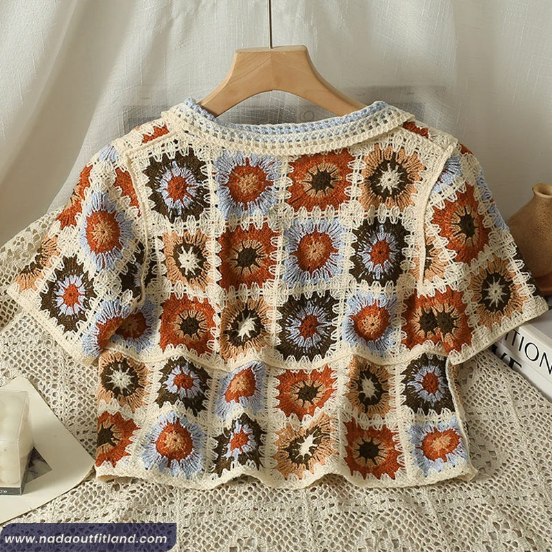 Turn Down Collar Retro Flower Pattern Crochet Shirts