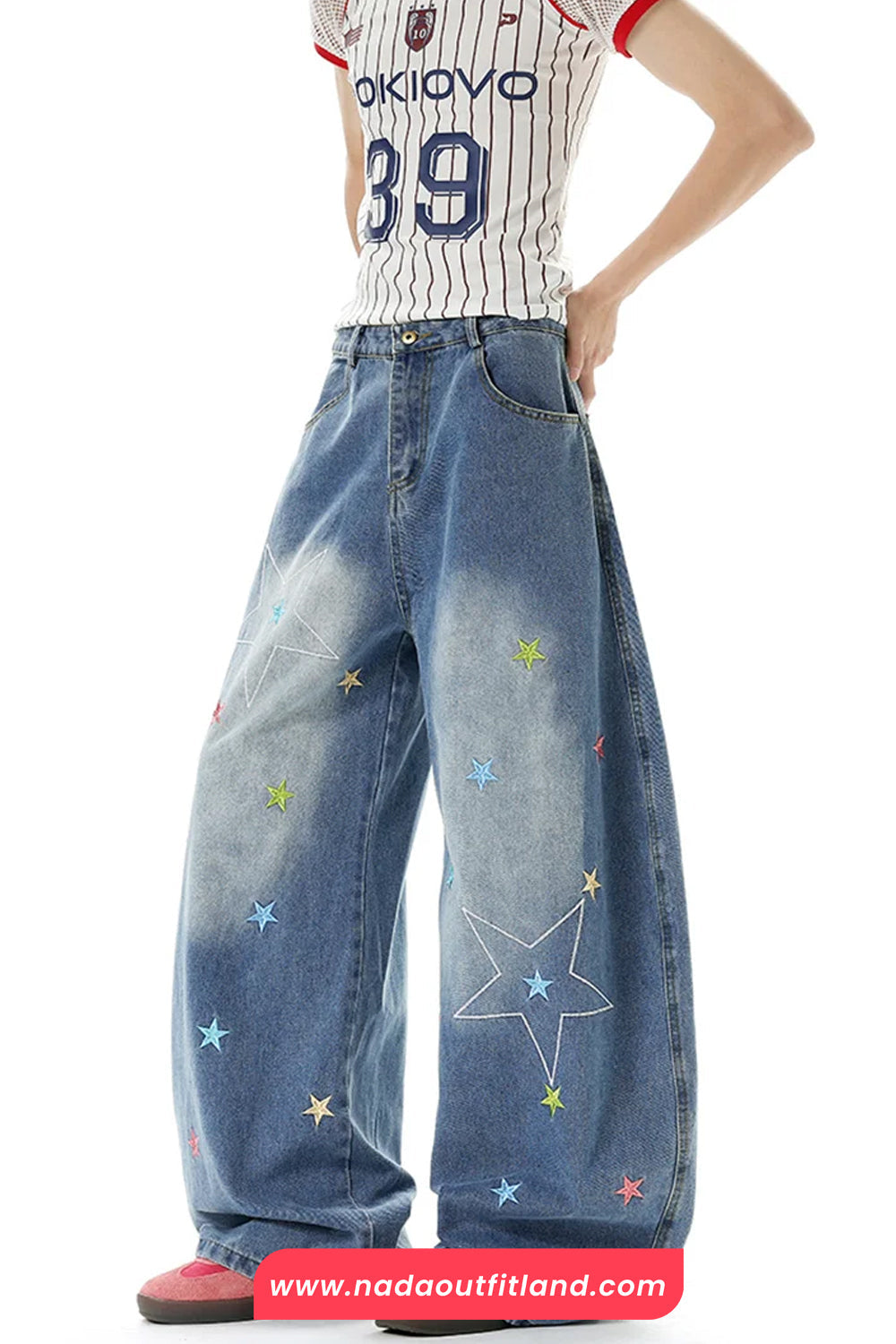 Vintage Stars Pattern Embroidered Flare Jeans Pants