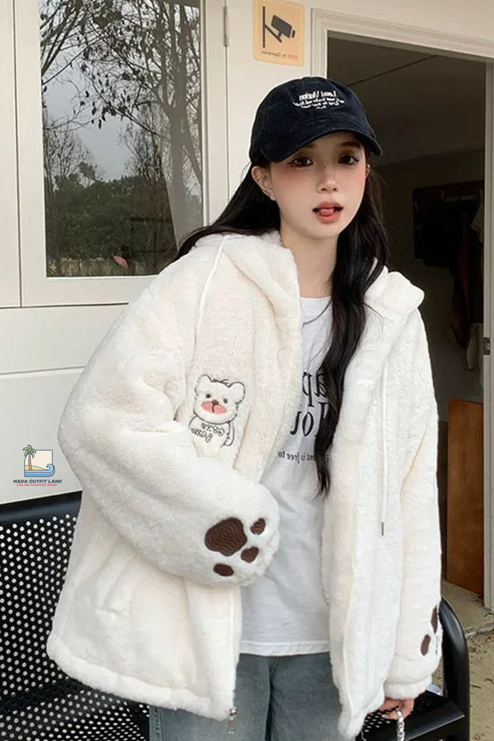 Loose Vintage Cute Bear Embroidered Faux Lamb Jacket
