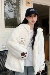 Loose Vintage Cute Bear Embroidered Faux Lamb Jacket