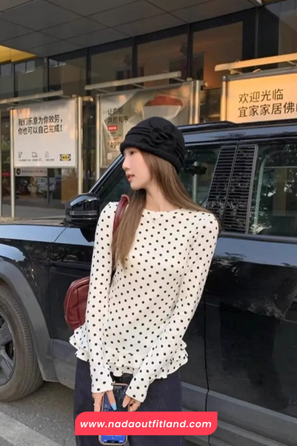 Long Sleeve Polka Dot Pattern Ruffle Shirt