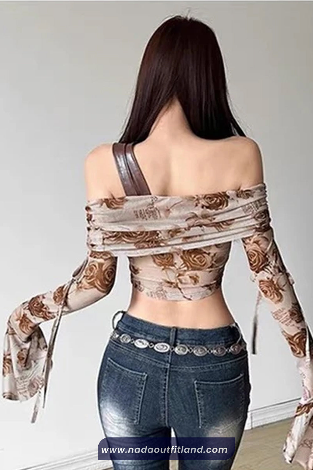 Long Sleeve Roses Pattern Off Shoulder Flare Shirt