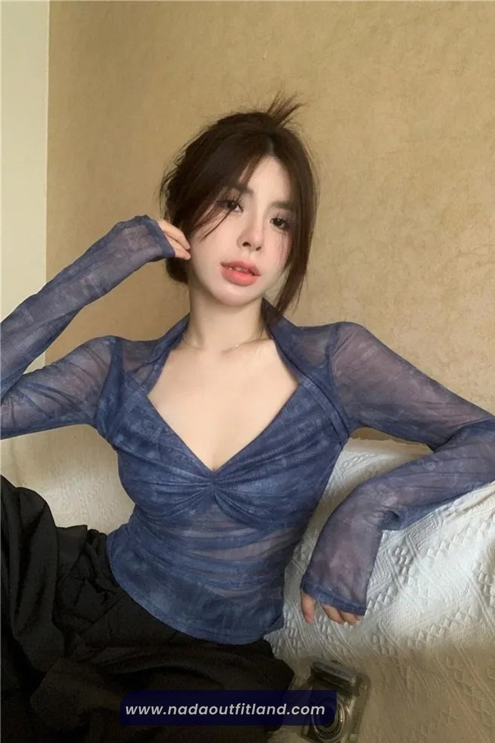 Long Sleeve V-Neck Grunge Ruched Mesh Shirt