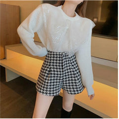 High Waist Houndstooth Pattern Office Shorts