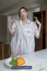 Short Sleeve Butterfly Pocket Pattern Pastel Striped Colors Blouse Shirt