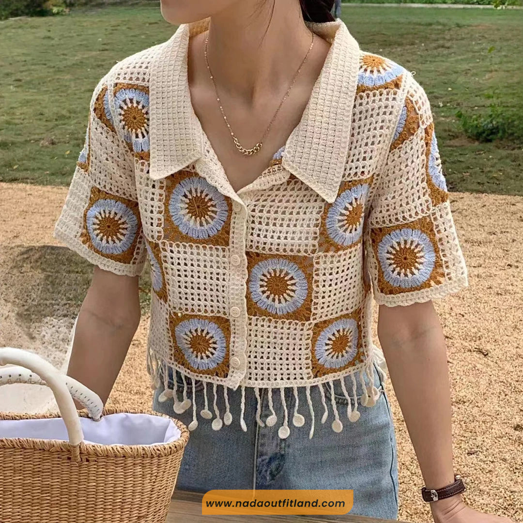 Short Sleeve Turn Down Collar Flower Pattern Crochet Shirts