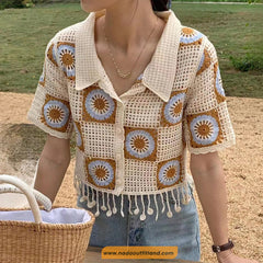 Short Sleeve Turn Down Collar Flower Pattern Crochet Shirts