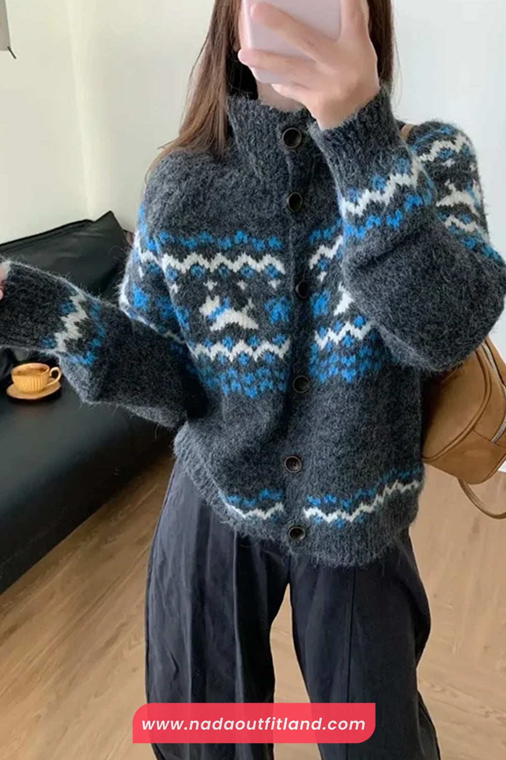 Long Sleeve Retro Pattern Turtleneck Cardigan Sweater