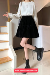 High Waist Solid A-Line Velvet Mini Skirts