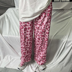 Pink Leopard Printed Wide Leg Loose Pants