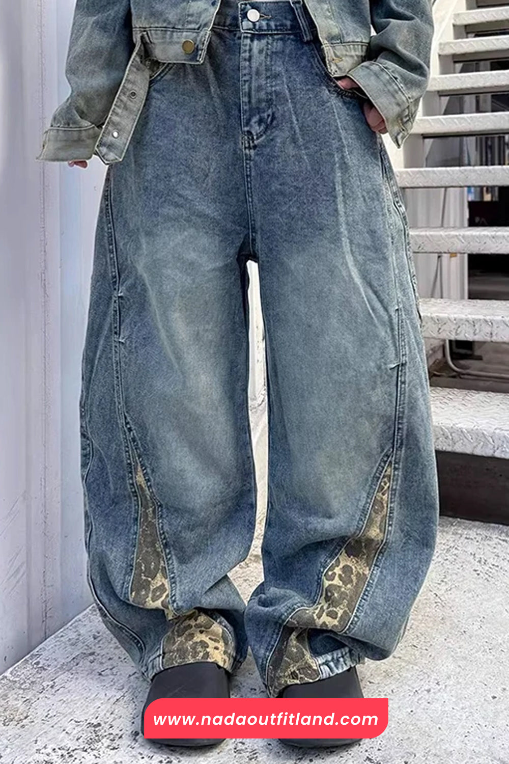 Loose Leopard Patchwork Wide Leg Jeans Pants