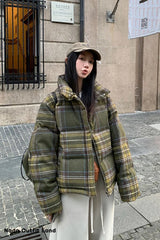 Retro Plaid Winter Puffy Coat Jacket