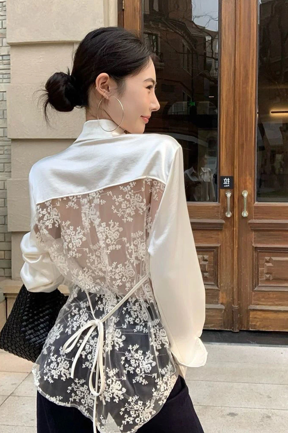 Long Sleeve Sexy Back Lace Transparent Satin Blouse Shirt