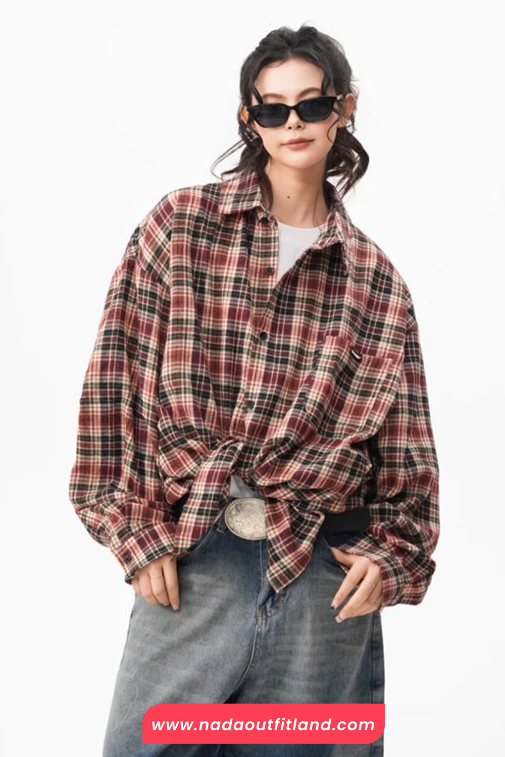 Loose Long Sleeve Retro Plaid Pattern Blouse Shirt