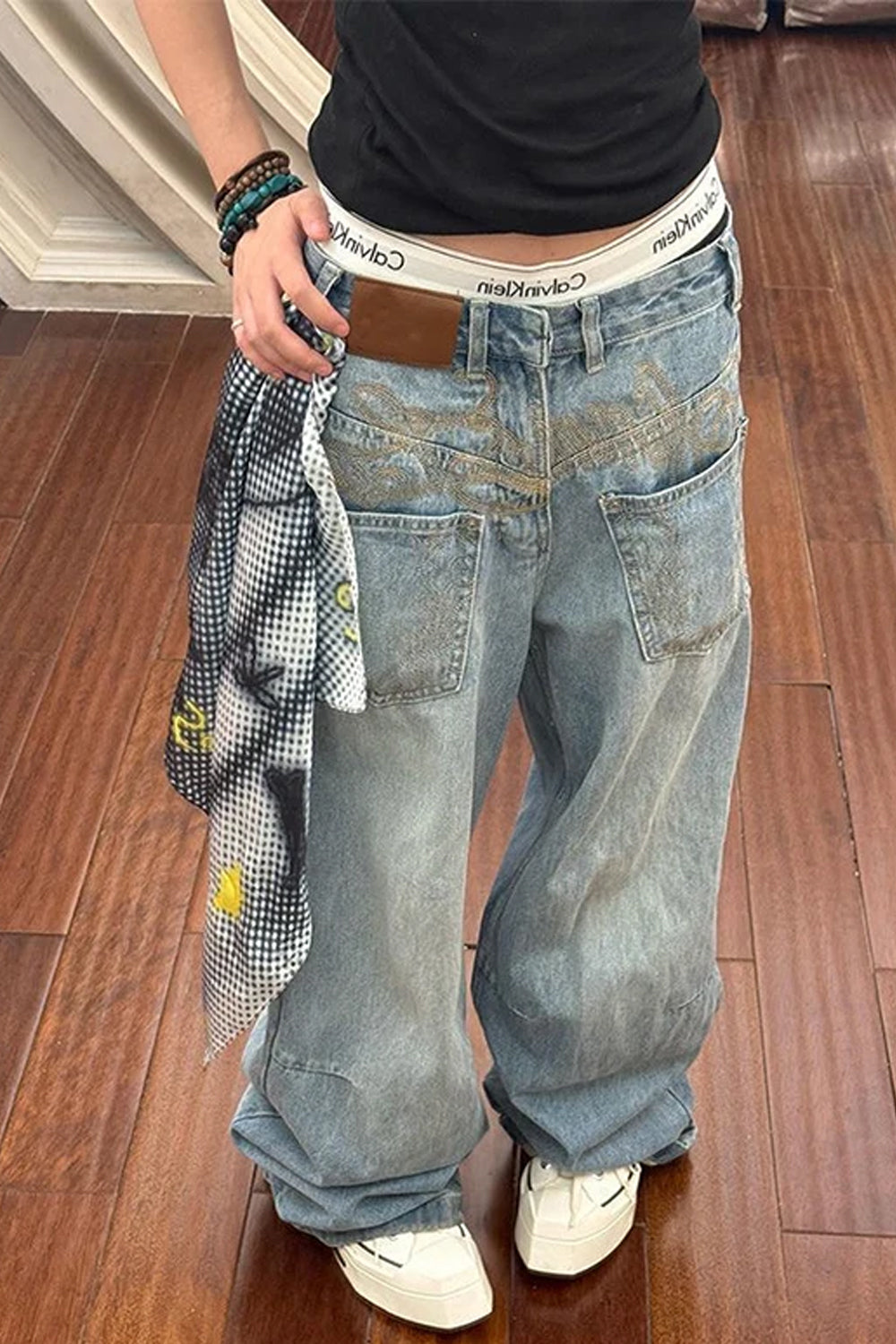 Loose Unique Front Pockets Wide Leg Jeans Pants