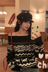 Sexy Slash Neck Retro Pattern Knitted Sweater