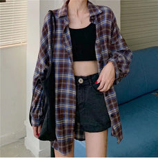 Long Sleeve Cute Plaid Loose Shirt