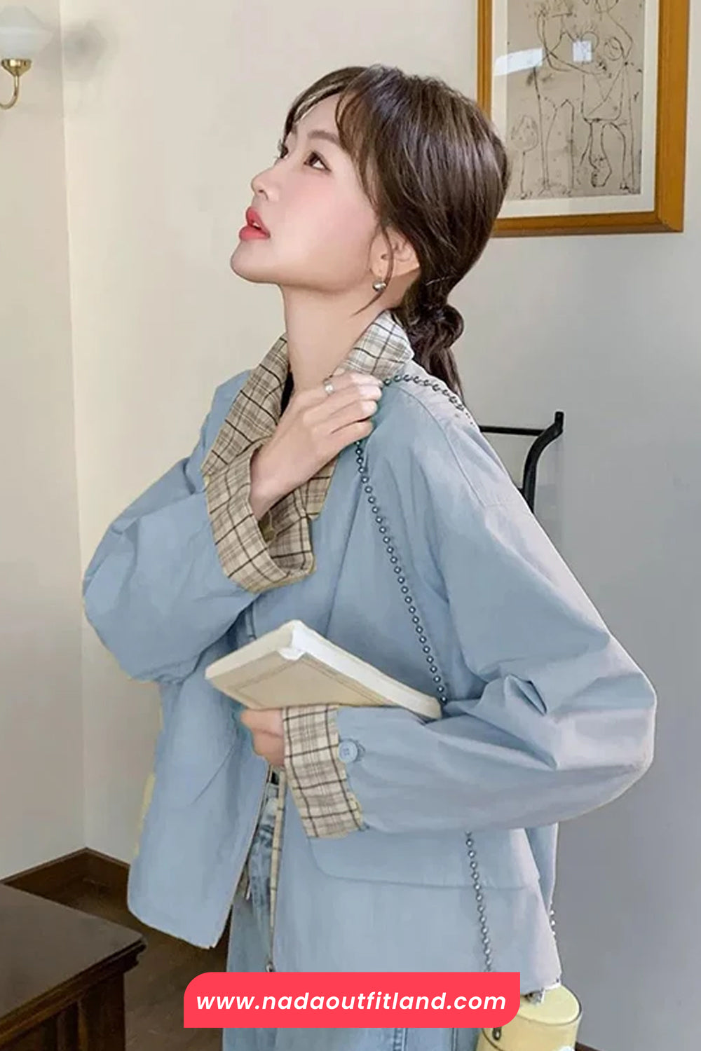 Long Sleeve Plaid Patchwork Short Blazer Coat