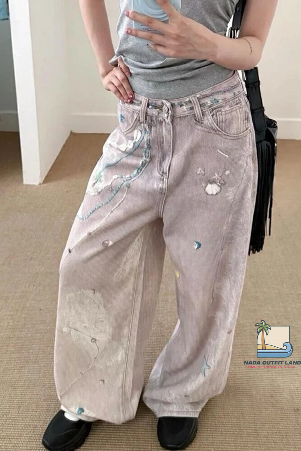 Loose Sea Theme Pattern Pink Denim Long Pants