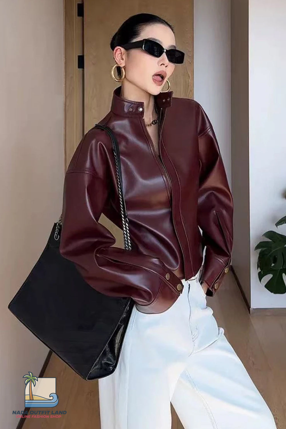 Long Sleeve Stand Collar Wine Red Leather Retro Jacket
