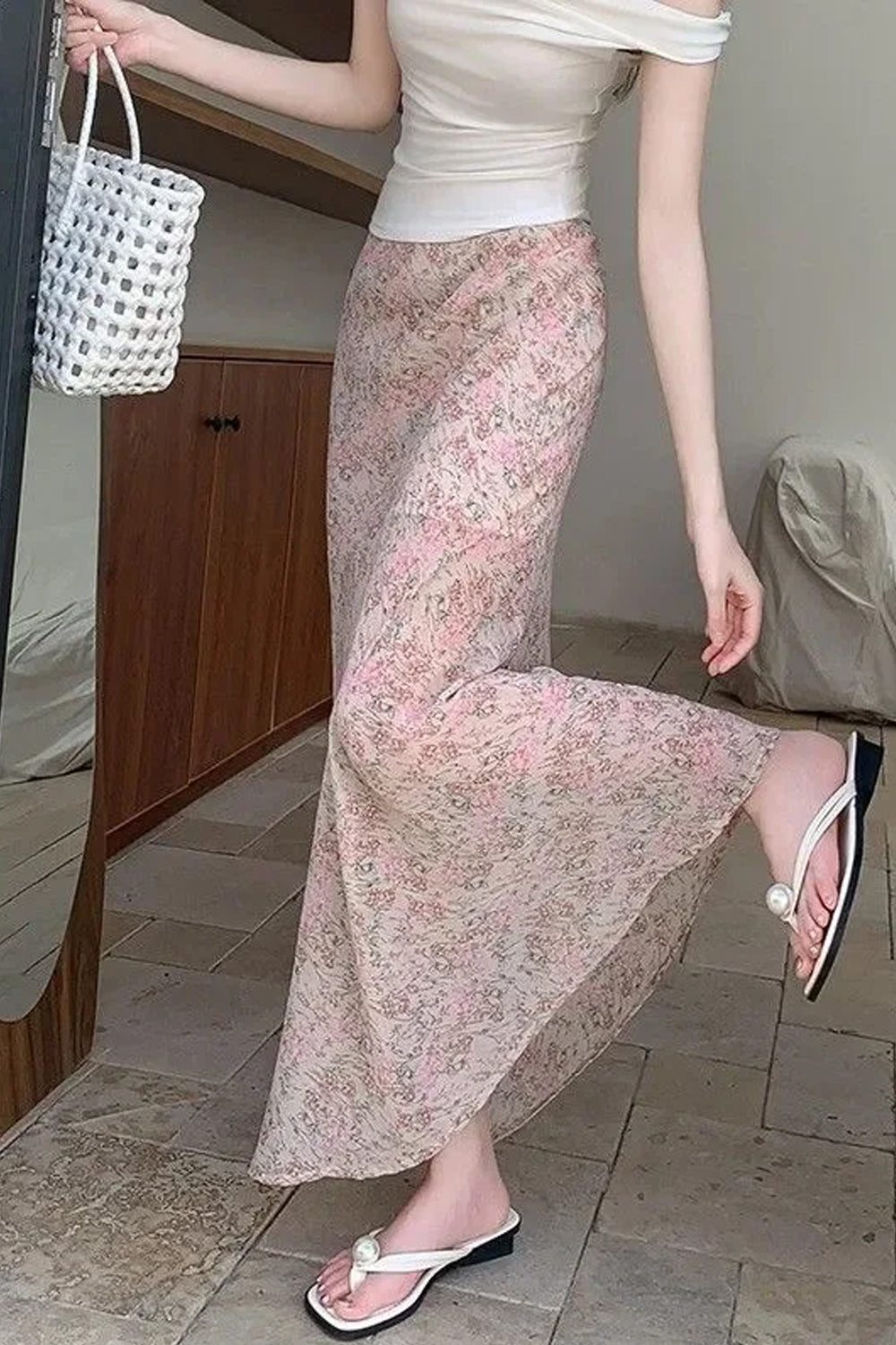High Waist Pink Floral Long Mermaid Skirts