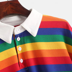 Rainbow Striped Long Sleeve Collar Cropped Shirt